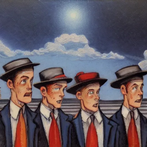 Image similar to A row of men in hats are standing, looking into the distance. the man in the centre is facing the front, looking downwards at his stomach by Frank Kelly Freas