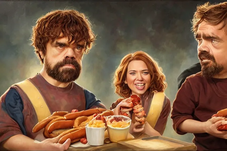 Image similar to portrait of peter dinklage sharing hotdogs with scarlett johansson, an oil painting by ross tran and thomas kincade