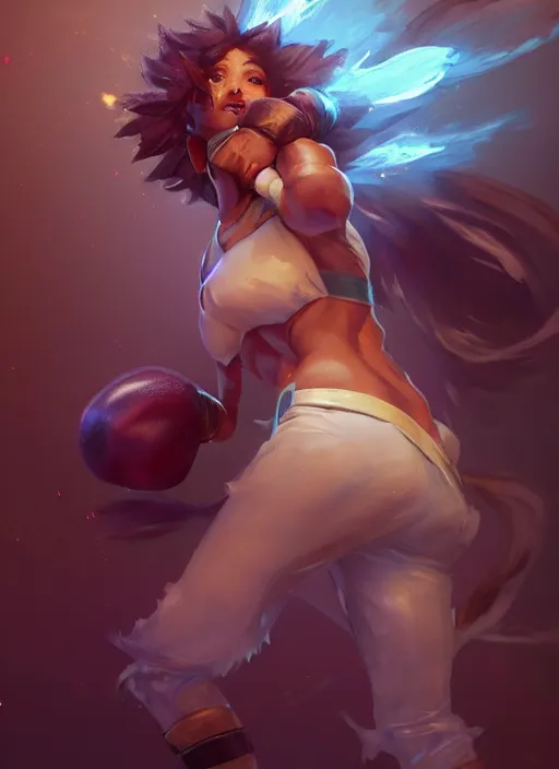 Image similar to taliyah, from league of legends, al natural, exhibant, boxing, kulohelohe, hyper detailed, digital art, trending in artstation, cinematic lighting, studio quality, smooth render, unreal engine 5 rendered, octane rendered, art style by klimt and nixeu and ian sprigger and wlop and krenz cushart