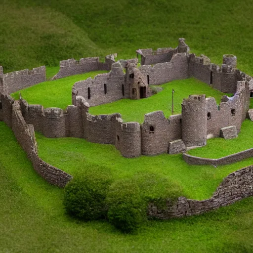 Image similar to a beautiful motte and bailey castle tilt shift perspective high resolution