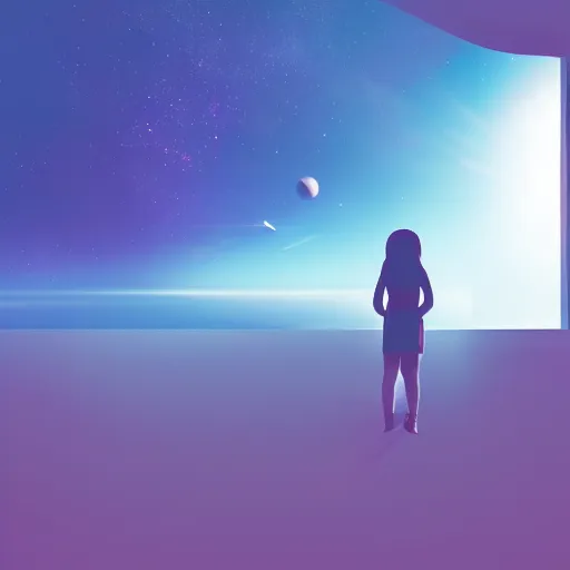 Image similar to a silhouette of a girl looking out a large window at a space scene, lofi aesthetic volumetric lighting, dramatic, realistic, intense