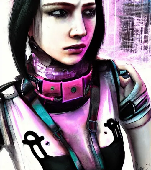 Image similar to detailed realistic female character cyberpunk wearing thick technological collar around neck, realistic, art, beautiful, 4K, collar, choker, collar around neck, punk, artstation, detailed, female, woman, choker, cyberpunk, neon, punk, collar, choker, collar around neck, thick collar, tight around neck, punk,