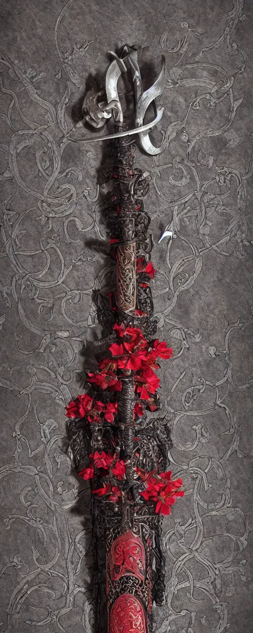 Image similar to a lone upright sword with an ornate hilt, Full body upright a lone sword display shot fully visible, extremely detailed made of vivid flowers and dark vines sword longsword with red rune+engravings, Epic, 8k, 4k, ultra detail, ultra realistic, 85mm lens, by Bayward wu, Anato Finnstark, Naoki Ikushima, cinematic,