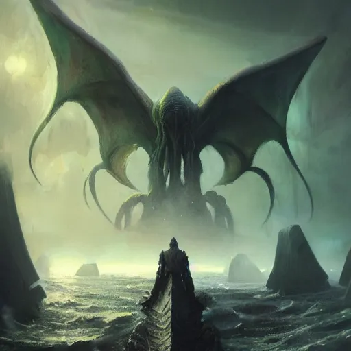 Image similar to Ph'nglui mglw'nafh Cthulhu R'lyeh wgah'nagl fhtagn | painting by Greg Rutkowski