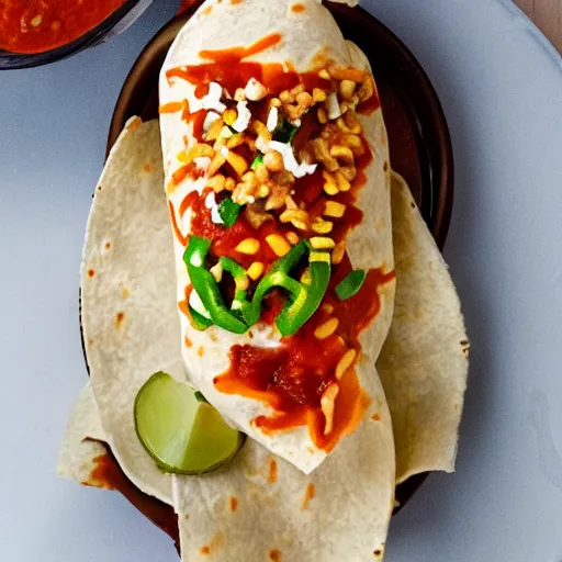 Image similar to a still of the Spiciest chicken burrito with ghost peppers and fire sauce, hd