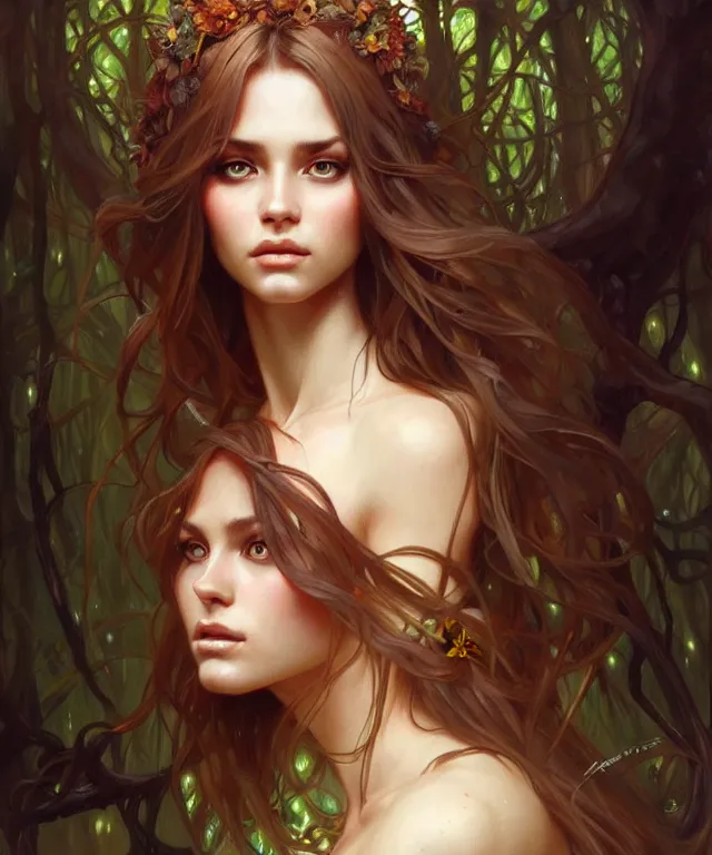 Image similar to Forest nymph woman portrait, amber eyes, face, long hair, fantasy, intricate, elegant, highly detailed, digital painting, artstation, concept art, smooth, sharp focus, illustration, art by artgerm and greg rutkowski and alphonse mucha