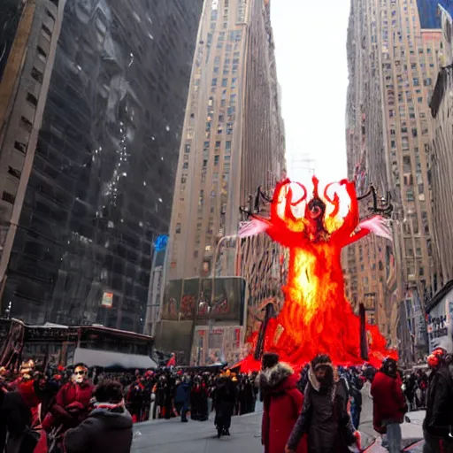 Prompt: a portal to hell opens in New York City during Santa Con