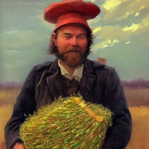 Image similar to a beautiful painting of a russian instagram heart farmer. in his arm he has a basket full of hearts. in style of ilya repin, trending on artstation