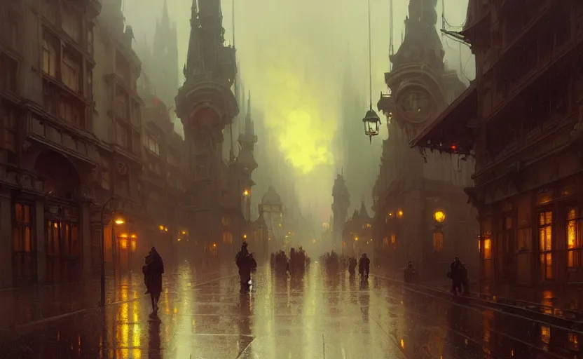 Prompt: an old victorian city with rainy atmosphere and moody and cinematic lighting by alphonse mucha, simon stalenhag and darek zabrocki, greg ruthkowski, craig mullins, cinematic and atmospheric, concept art, artstation, trending on artstation