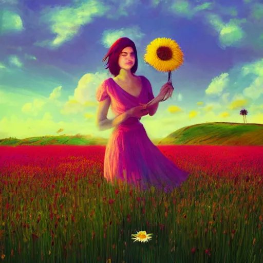 Prompt: giant daisy flower as head, full body girl floating in a flower field, surreal photography, sunrise, dramatic light, impressionist painting, colorful clouds, digital painting, artstation, simon stalenhag