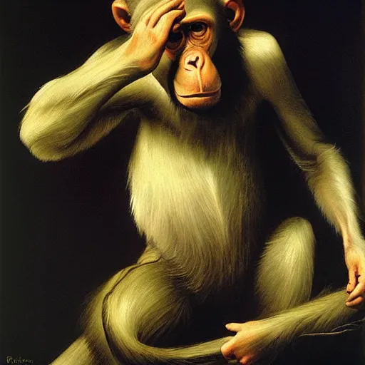 Image similar to a monkey lost deep in thought, portrait, by caravaggio