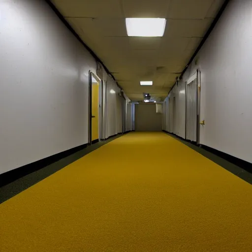 Image similar to Backrooms, old moist carpet, mono-yellow, fluorescent lights, randomly segmented rooms