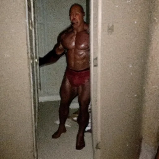 Prompt: grainy photo of dwayne johnson a creepy monster in a closet, harsh flash