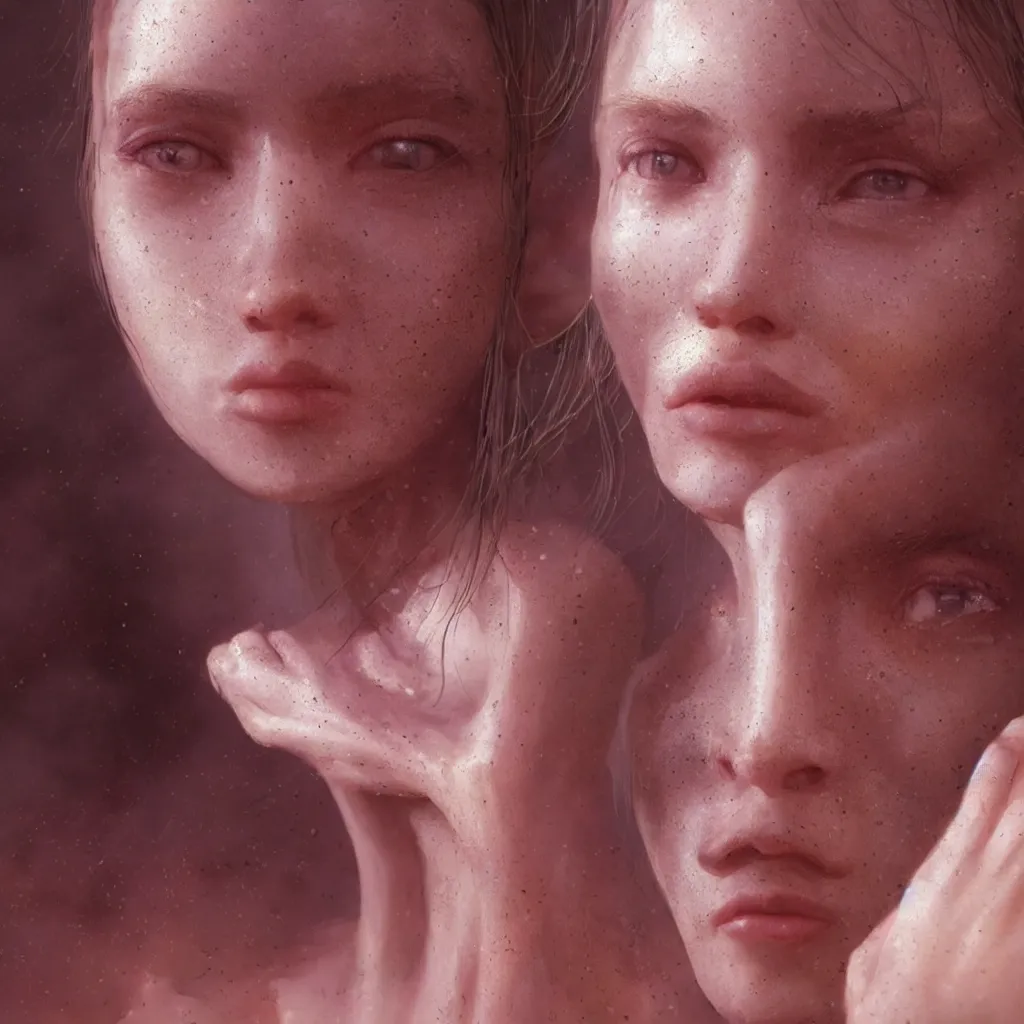 Image similar to extremely detailed cinematic movie still portrait of 2 1 years old woman angel hyperreal skin face by denis villeneuve, wayne barlowe, simon birch, marc simonetti, philippe druillet, beeple bright volumetric sunlight, rich moody colors, closeup, bokeh