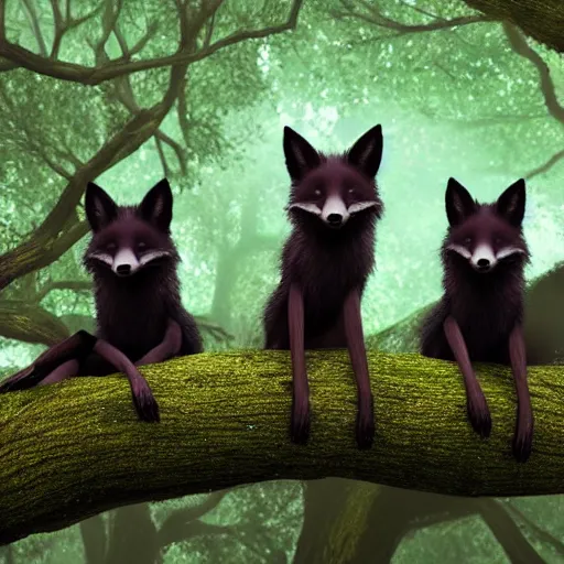 Prompt: three black foxes sitting on a tree branch at very dark night in a dark green forest, dark night, perspective from below, trending on ArtStation, concept art, cgsociety, octane render, trending on artstation, artstationHD, artstationHQ, unreal engine, 8k