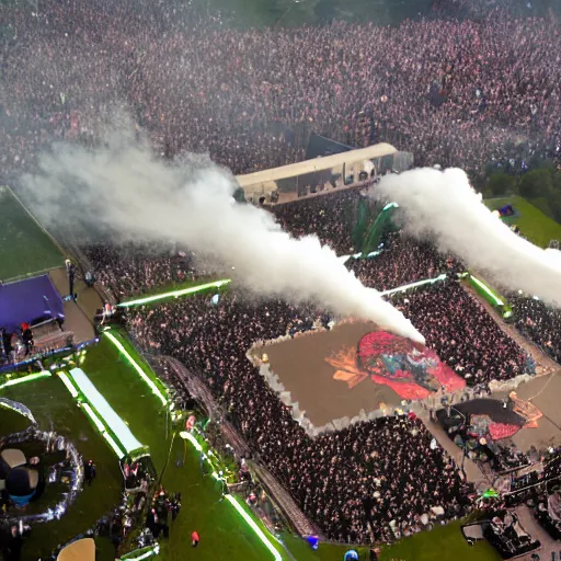 Image similar to a bunch of smoke coming from snoop doggs concert, award winning professional aerial photograph