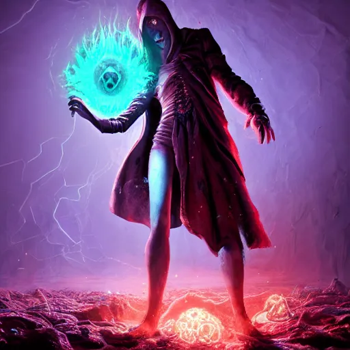 Prompt: A necromancer pulsing with necrotic energy, art by William Stout, power auras, sigils, tattered cloth robes, substance 3d painter, PBR textures, Physical based rendering, cinematic, hyper realism, high detail, octane render, unreal engine, 8k, Vibrant colors, Smooth gradients, High contrast, depth of field, aperture f2.8