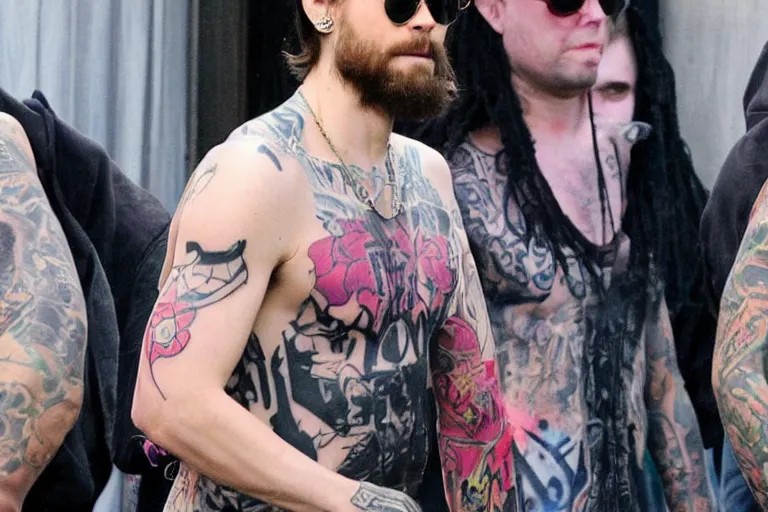 Prompt: jared leto as a white gang member wearing a purple head covering made from a polyester or nylon material and a stained white tank top caught dealing drugs inside a detroit gang trap house, arms covered in gang tattoo, paparazzi, leaked footage, uncomfortable, bad quality