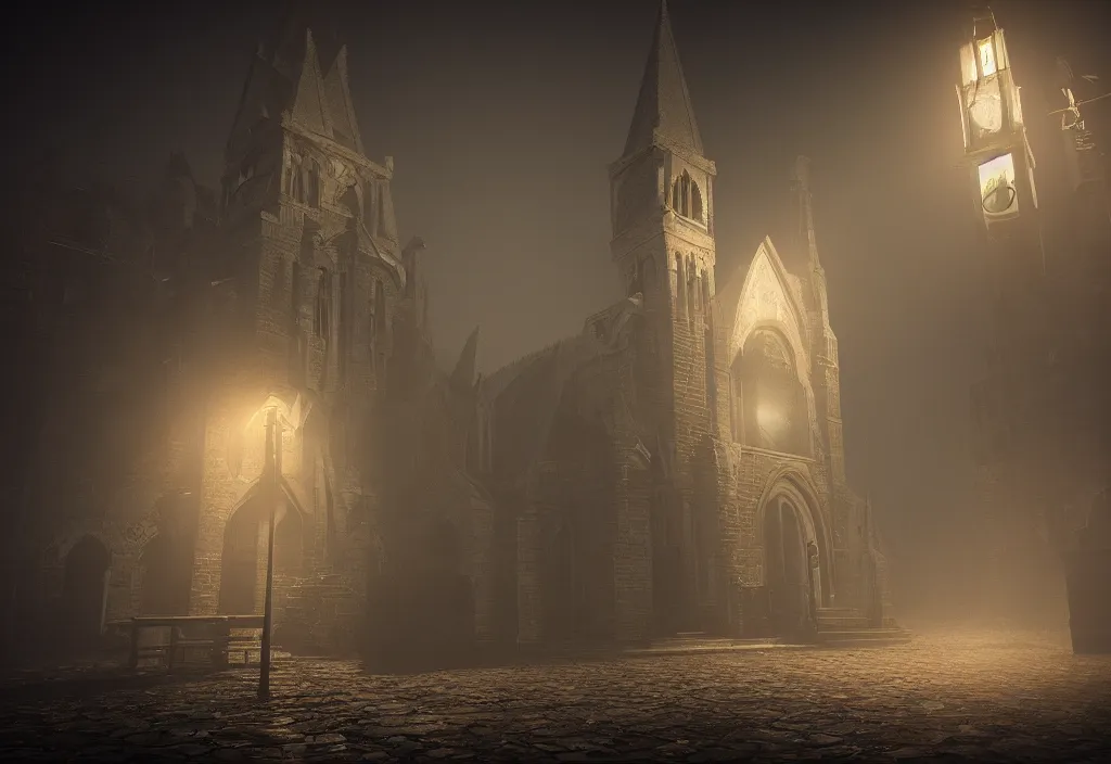 Image similar to eldritch church of cthulhu photorealistic, film, cinematic lighting, octane render, volumetric light, dark - art