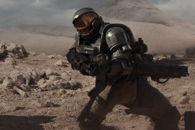 Image similar to VFX movie of a futuristic spacemarine in war zone, shooting gun natural lighting by Emmanuel Lubezki