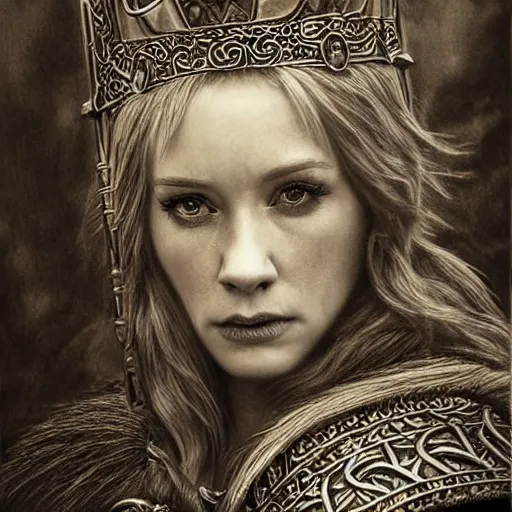 Image similar to hyper realistic pencil drawing of Christina Hendricks as a viking princess, intricate detail, beautiful, battle armor, war, fight, light, dragon, bright color palette