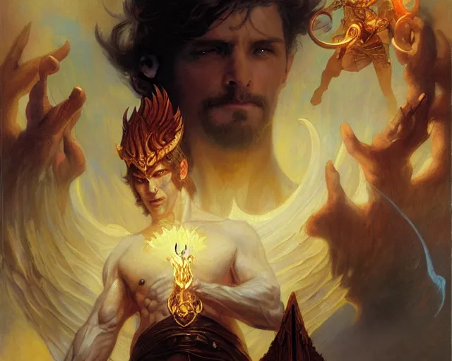 Image similar to attractive male deity, casting demonic magic, summoning handsome lucifer morning star. highly detailed painting by gaston bussiere, craig mullins, j. c. leyendecker 8 k