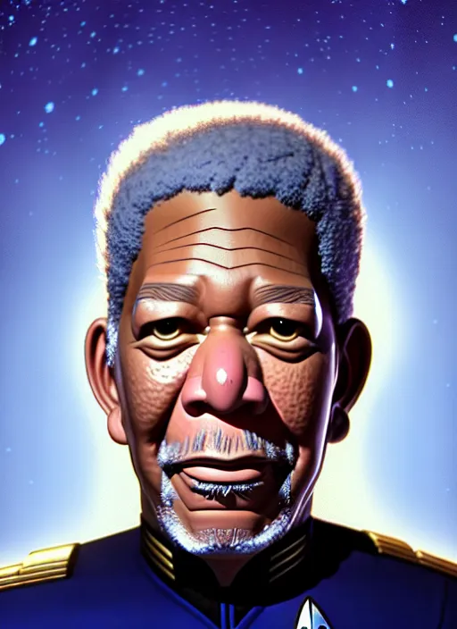 Image similar to cute star trek officer morgan freeman, natural lighting, path traced, highly detailed, high quality, digital painting, by don bluth and ross tran and studio ghibli and alphonse mucha, artgerm