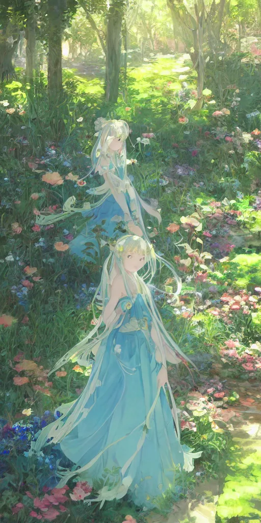 Image similar to a digital art of a loli with long hair in a dress in the privet garden at after noon, green and blue and warm theme, back lighting, by krenz cushart and mucha and akihito yoshida and greg rutkowski and makoto shinkai, highly detailed, 4 k resolution, trending on art station