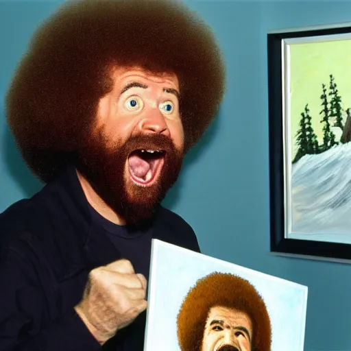 Image similar to bob ross screaming at his painting