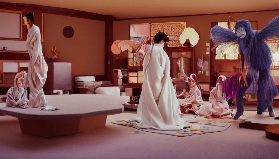 Image similar to movie still by alejandro jodorowsky of a beautiful day in a family living room in kyoto japan, visible magic energy, dream creature costumes, floating planets, fish, parade floats, cinestill 8 0 0 t eastmancolor technicolor, high quality, very detailed, heavy grain, fine facial features, 8 k, octane render