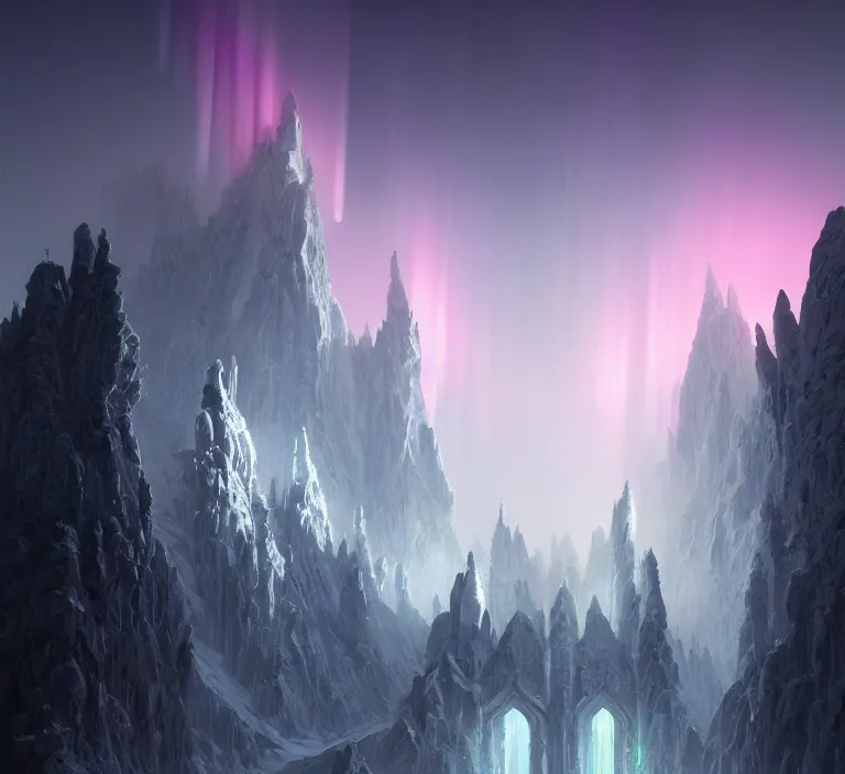 Prompt: a very detailed concept art of intricate and well designed white gates to misty mountains, infused with aurora borealis by greg rutkowski, dynamic lighting trending on artstation, symmetry, digital art, 4 k, hyper realistic, octane render, sharp focus