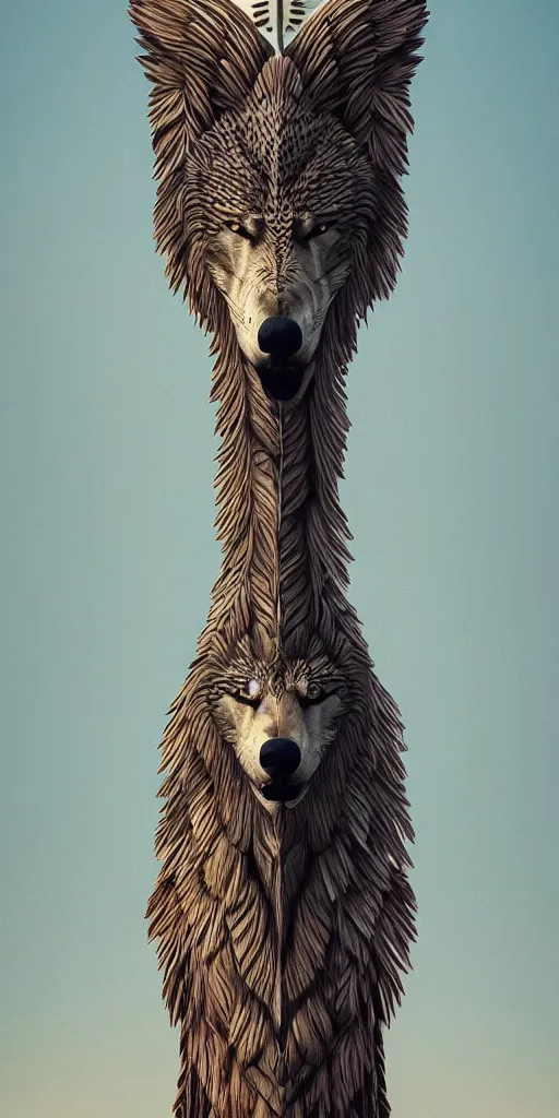 Image similar to A totem with an eagle an wolf by beeple, coherent symmetrical intricate artwork, high detail, digital painting, hyper realism, octane render, 4k, trending on artstation