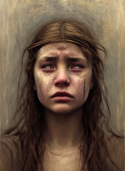 Image similar to portrait of very sad vilage girl, pain, cry, suffering, countryside, fantasy character portrait, dynamic pose, above view, view from above, sunny day, thunder clouds in the sky, artwork by Jeremy Lipkin and Giuseppe Dangelico Pino and Michael Garmash and rob rey, very coherent symmetrical artwork, perfect face, simple form, 100mm