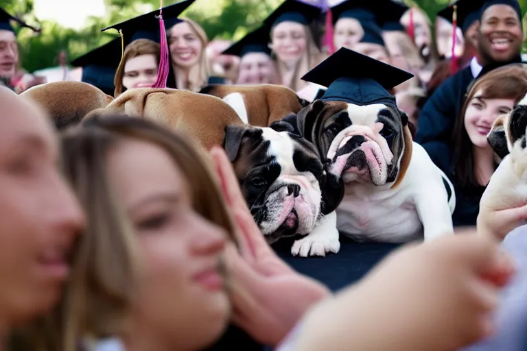 Image similar to a crowd of high school graduates petting an english bulldog wearing a crown, english bulldog wearing a plastic crown