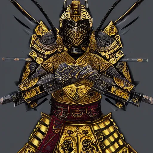 Image similar to gilded samurai armor warrior blades akimbo ornate intricate design in the style of aoi matsuri digital art, illustration, fantasy, realistic sketch, dark, epic, realistic lighting