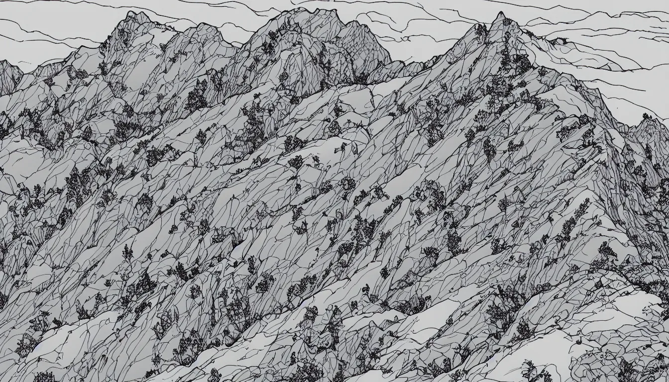 Image similar to backpacking over mountain ridgeline, minimalist line art by moebius, clean long lines, ultra detailed