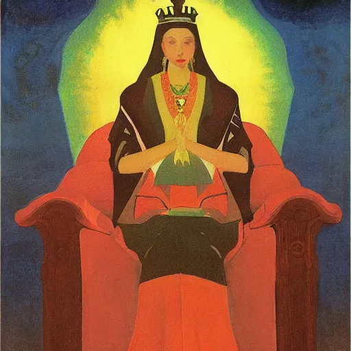 Image similar to an illustration of a queen on a throne at night by nicholas roerich, by johann heinrich fussli, by georgia o keeffe, realistic, detailed, oil painting