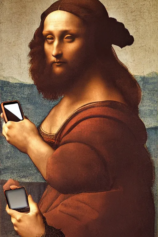 Prompt: leonardo da vinci taking a selfie, oil painting, digital art, photorealism