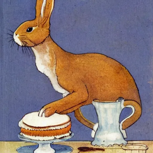 Image similar to a rabbit baking a cake, in the style of Carl Larsson