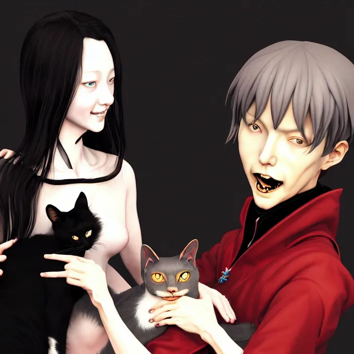 Image similar to renaissance portrait of the secretive vampire girl loner smiling at her cat, by katsuhiro otomo, yoshitaka amano, and artgerm rendered with 3 d effect.