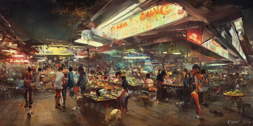 Prompt: a singaporean hawker centre at night, by greg rutkowski