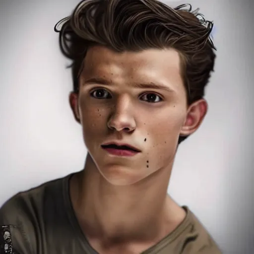Image similar to “a realistic detailed photo of a guy who is an attractive humanoid who is half robot and half humanoid, who is a android, Tom Holland, shiny skin”
