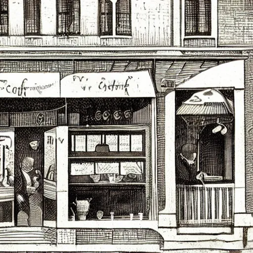 Prompt: A coffee shop 1900 illustration artwork