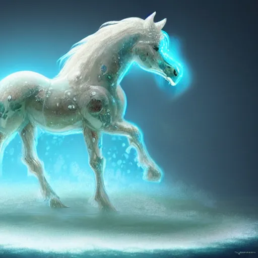 Image similar to a fantastical transparent small turquoise spirit horse made of water and foam and algae and ice, splashing water, wave, translucent, ethereal, noble, radiant, hyperalism, scottish folklore, digital painting, artstation, concept art, smooth, 8 k frostbite 3 engine, ultra detailed, art by artgerm and greg rutkowski and magali villeneuve