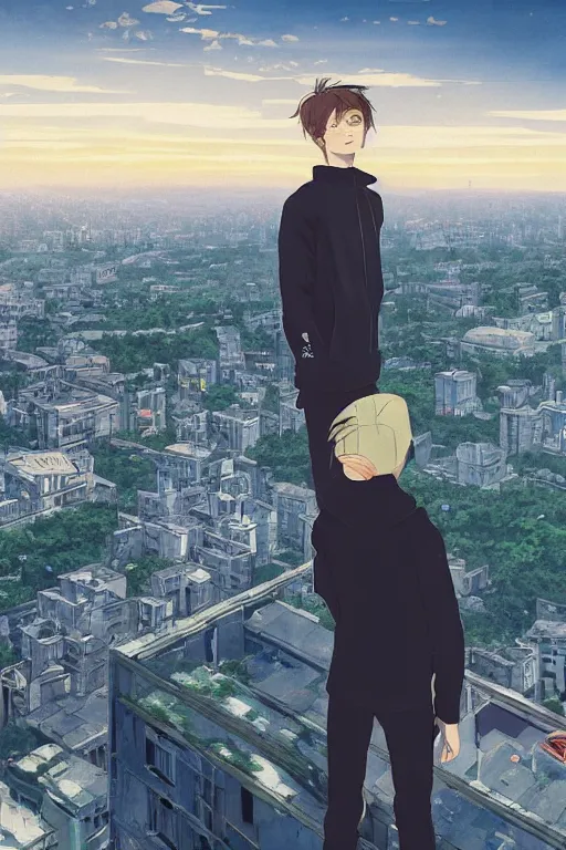 Prompt: Sad gopnik boy in black adidas looking atop of a urban plateau filled with soviet apartment buildings, golden hour, dreamy, beautiful clouds, ultra detailed beautiful lighting, wallpaper, cityscape, beautiful artwork by Makoto Shinkai