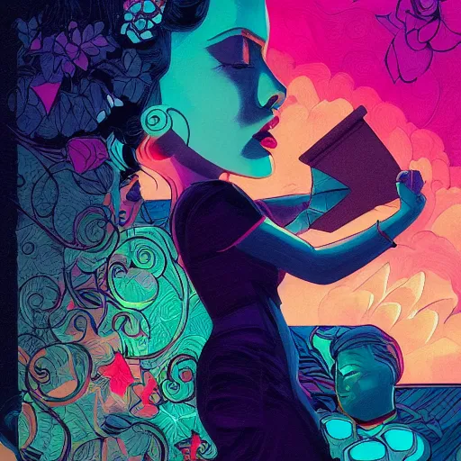 Prompt: a colorful comic noir illustration of a woman singing about a broken heart, beautiful, hyperrealistic, tristan eaton, victo ngai, artgerm, rhads, ross draws, 8 k, high contrast, dark vibes, pastel lighting, depth of field