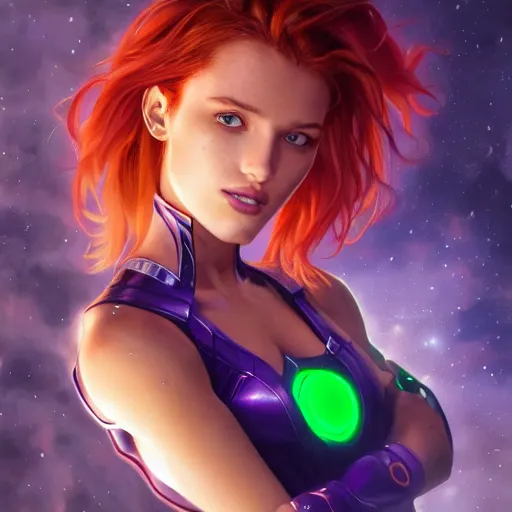 Image similar to ultra realistic illustration, bella thorne as starfire anime with glowing green eyes, intricate, elegant, highly detailed, digital painting, artstation, concept art, smooth, sharp focus, illustration, art by artgerm and greg rutkowski and alphonse mucha