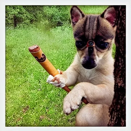 Prompt: trail cam footage of a anthropomorphic puppy smoking a cigar