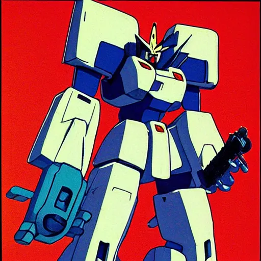 Image similar to Gundam robot with guitar. 80s Mecha anime