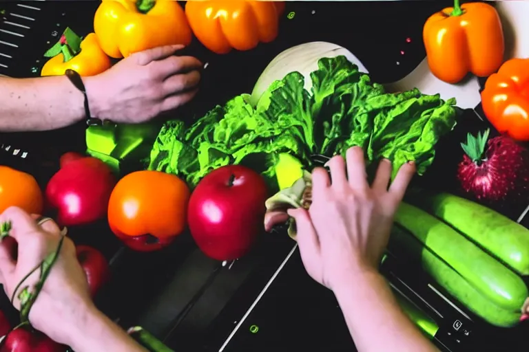 Image similar to film still of fresh fruits and vegetables with arms and legs making beats in the studio on an mpc